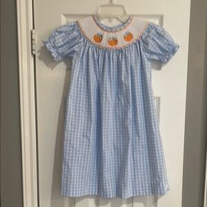 Smocked Blue Gingham Dress with Pumpkin Embroidery